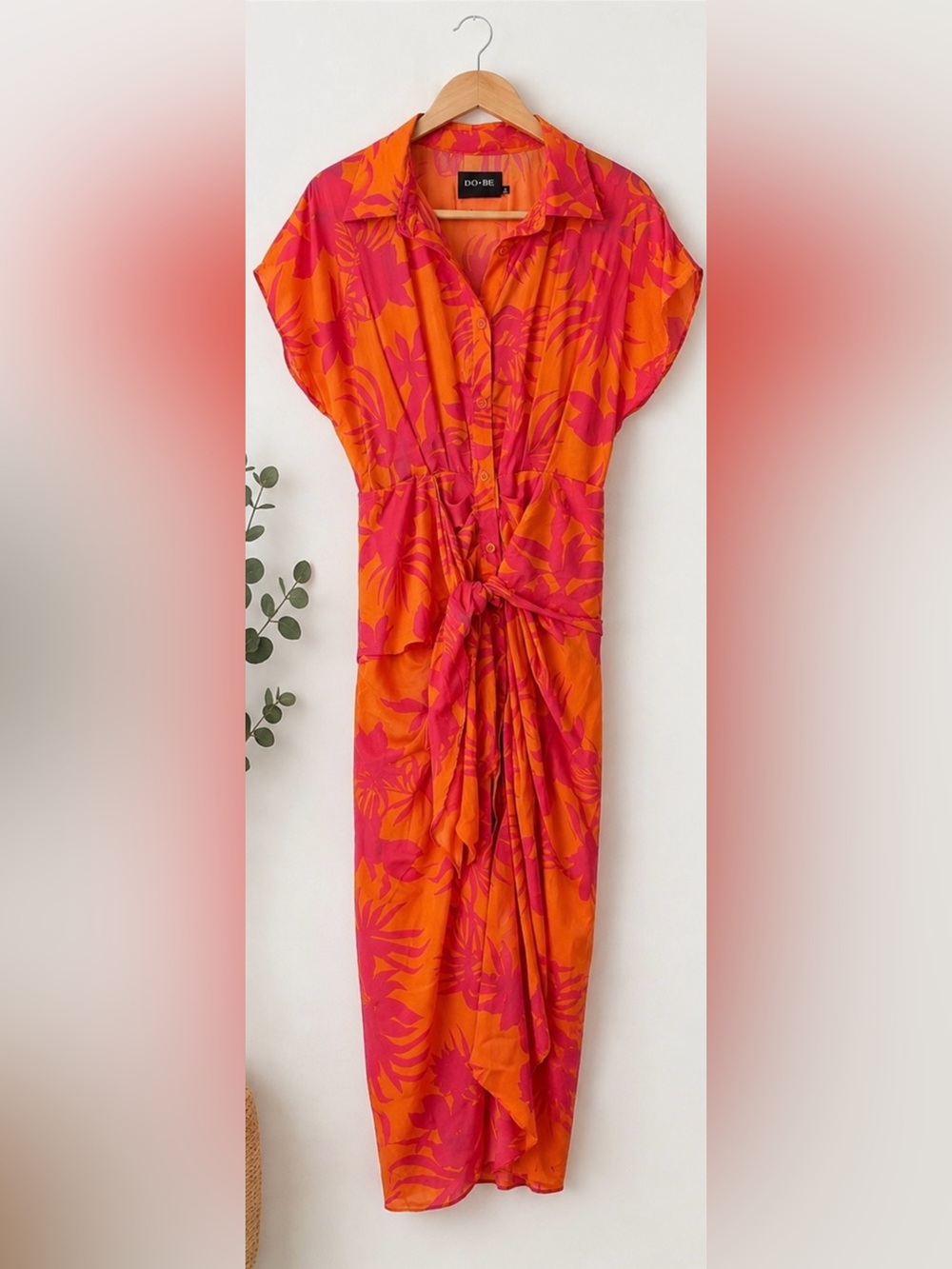 DO+BE Orange Midi Dress with Pink Floral Print and Tie Waist - Size Small